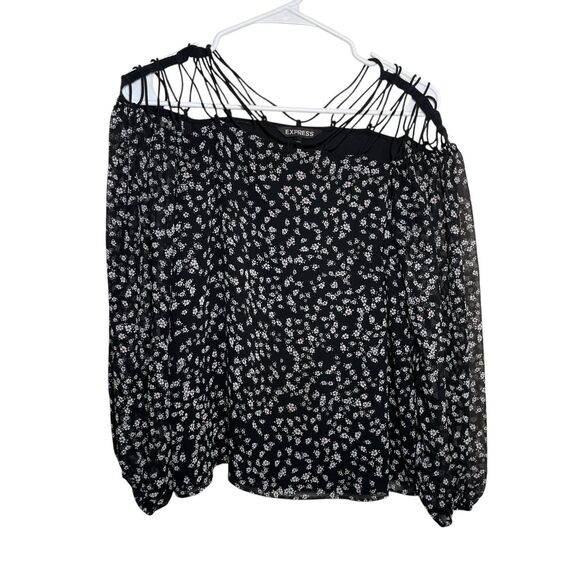 Express Blouse Women's Small Black Floral Strappy 3/4 Sleeve Sheer Printed Top - Picture 1 of 10
